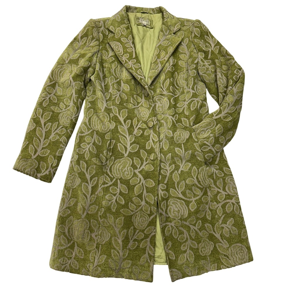 VTG Giacca Gallery Overcoat Green Floral Tapestry Chenille Quilted Lined M Women